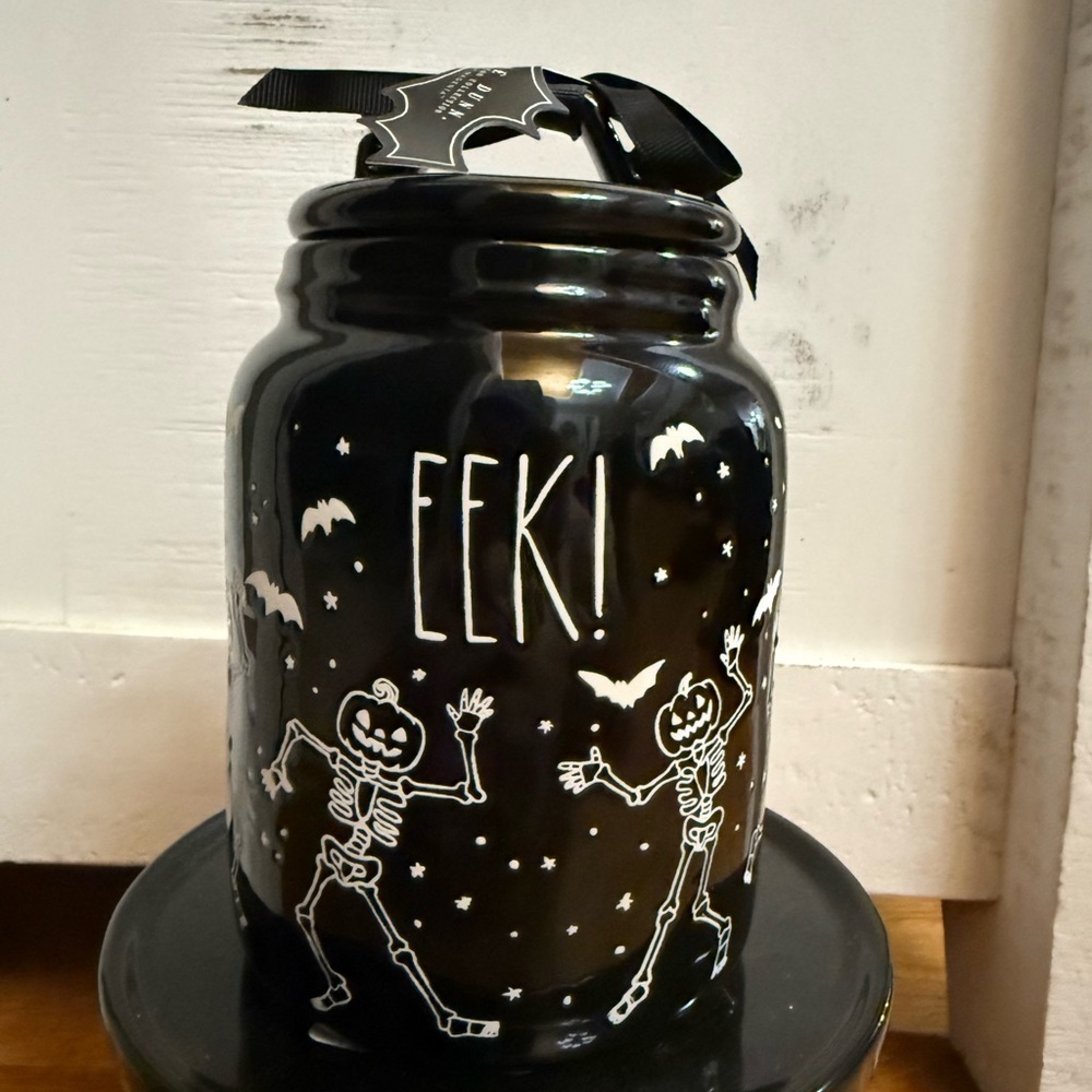 Rae Dunn Black Halloween Canister with Skeleton Design